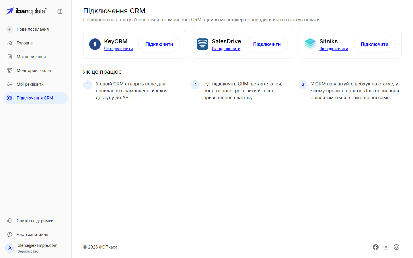 Сторінка «Підключення CRM» без підключень: картки KeyCRM, SalesDrive і Sitniks з кнопками «Підключити» і посиланнями «Як підключити»